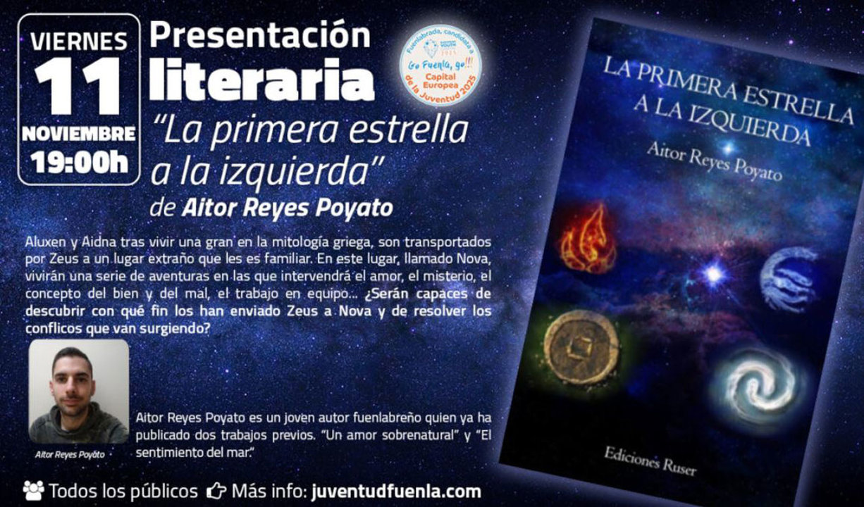 Cartel de la Presentación literaria en el Espacio joven La Plaza de Fuenlabrada.