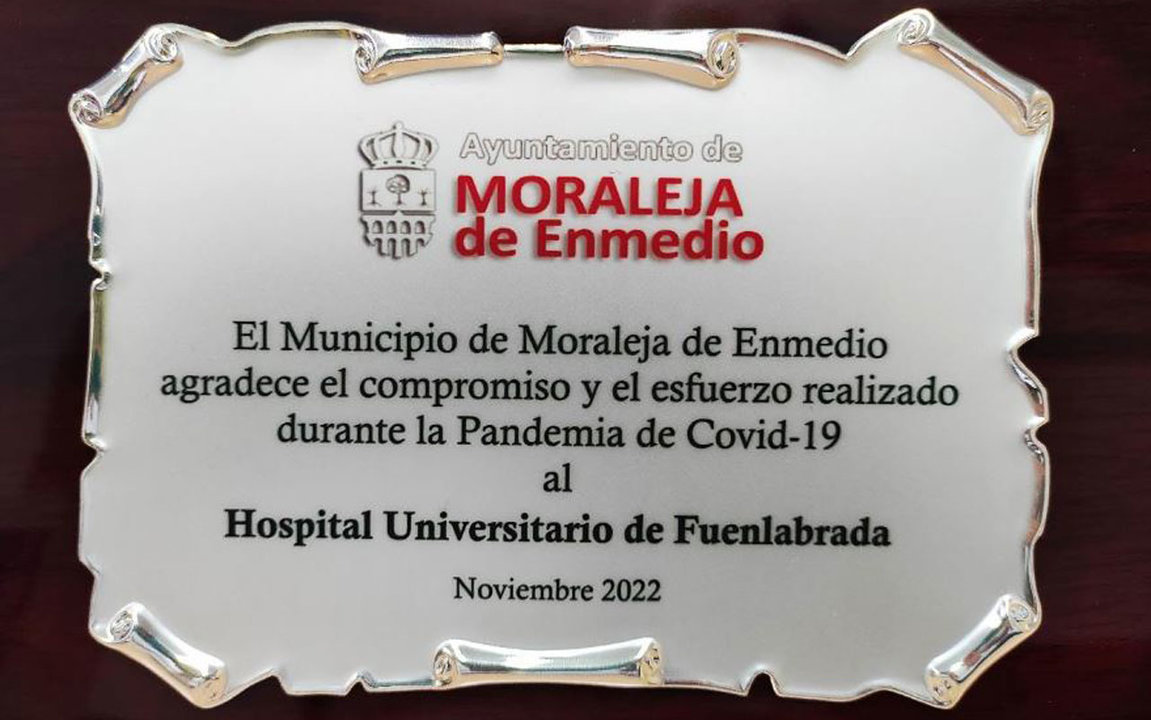 Imagen del reconocimiento de Moraleja de Enmedio al Hospital de Fuenlabrada