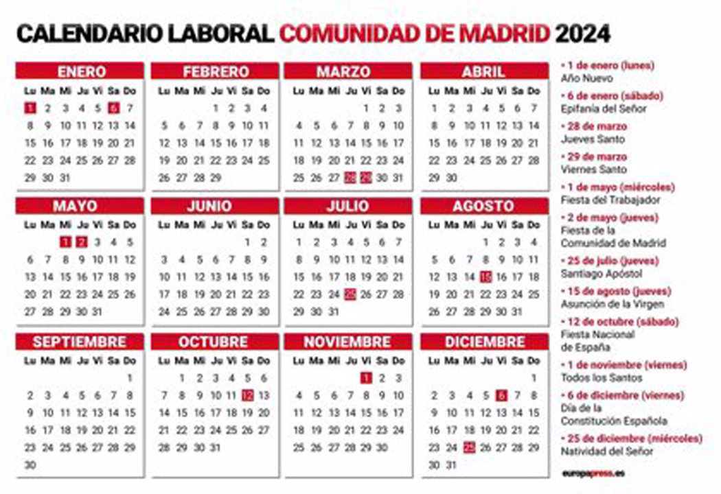 Imagen del calendario laboral de la Comunidad de Madrid para 2024