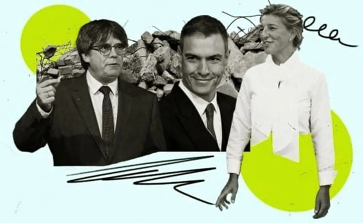 Carles Puigdemont (Junts), Pedro Sánchez (PSOE) y Yolanda Díaz (SUMAR) &bull; IMAGEN de Ok Diario