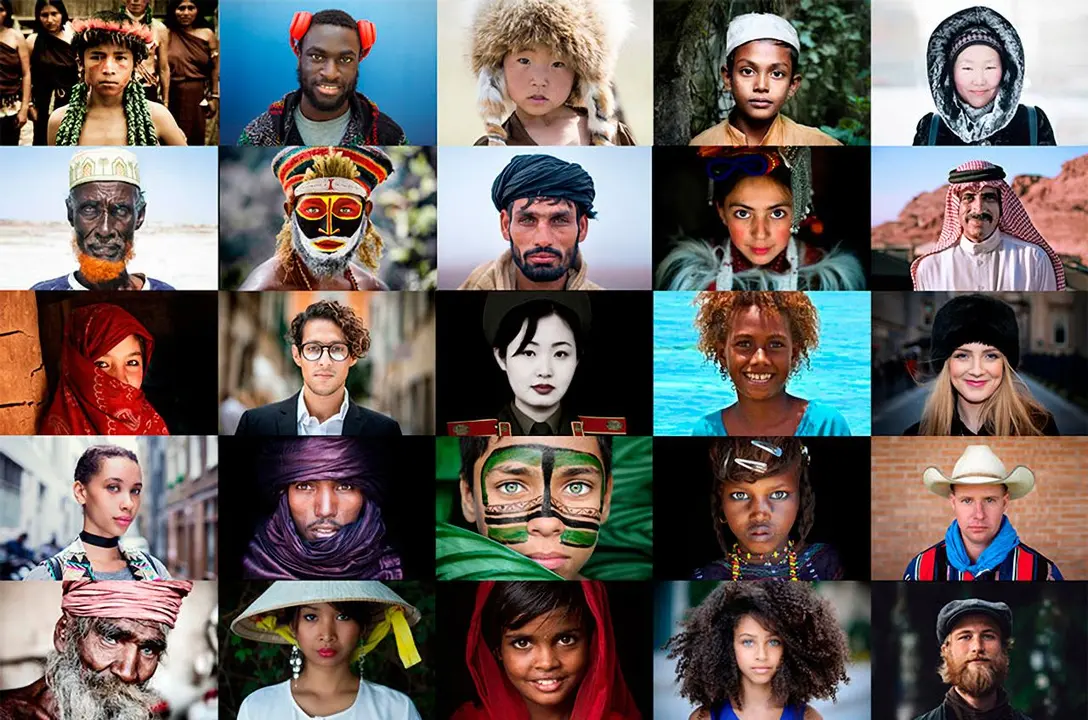 Rostros diversos de personas de distintas culturas unidos en un mosaico, representando la riqueza global de nuestra especie. | Innova Art