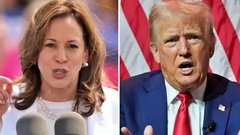 Kamala Harris y Donald Trump. AP Photo/Charles Rex Arbogast