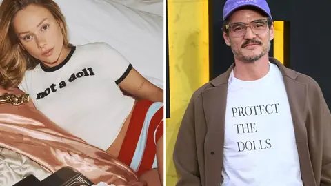 Ester Exp&oacute;sito (izquierda) en la campa&ntilde;a de Desigual y Pedro Pascal (derecha) con la camiseta reivindicativa de Protect the Dolls | Desigual/EFE