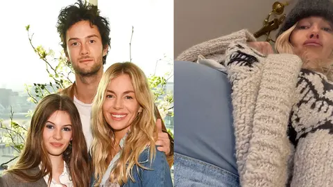 Sienna Miller con su pareja y su hija mayor (izq.) y su nuevo embarazo (der.) | GETTY & Instagram