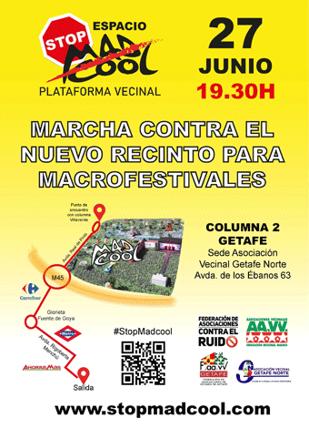 Cartel de la convocatoria vecinal de la Marcha Contra el nuevo recinto de festivales