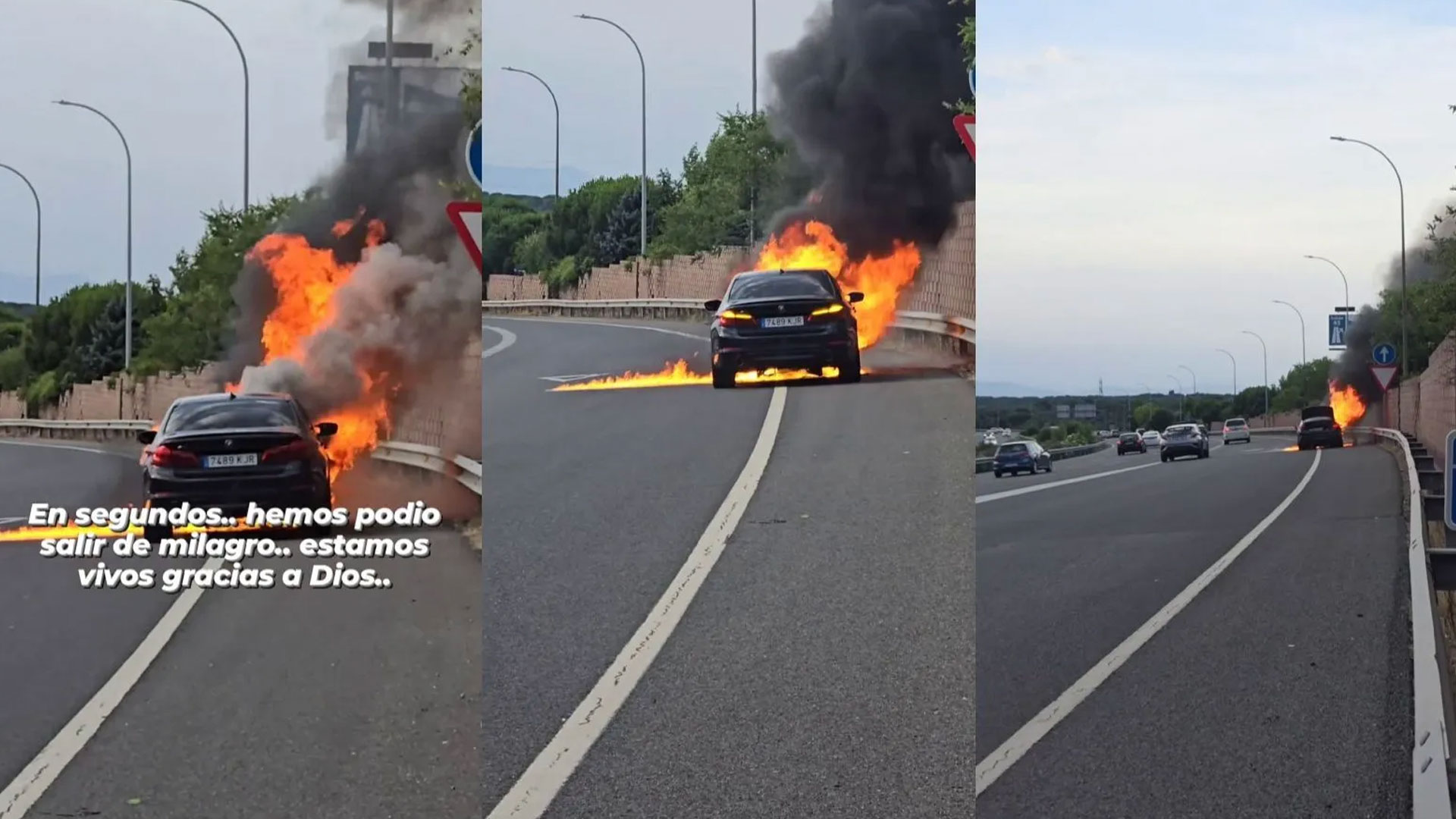 Imágenes del vídeo que subió a redes sociales donde se aprecia el coche ardiendo en el arcén