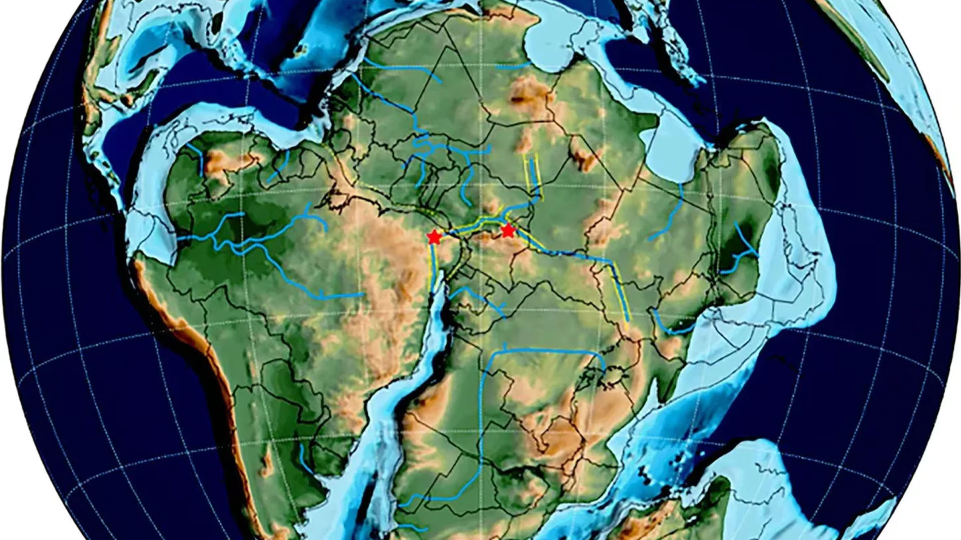 Reconstrucción geográfica de lo que podía haber sido el antiguo mundo. Marcadas con estrellas, la posición donde se han encontrado las huellas